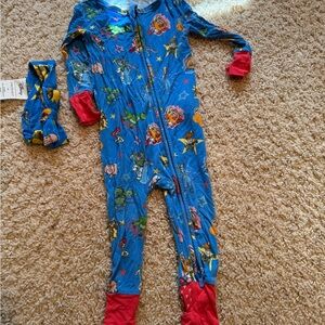 Posh Peanut Blue Toy Story Print Footed One-Piece with Matching Headband
